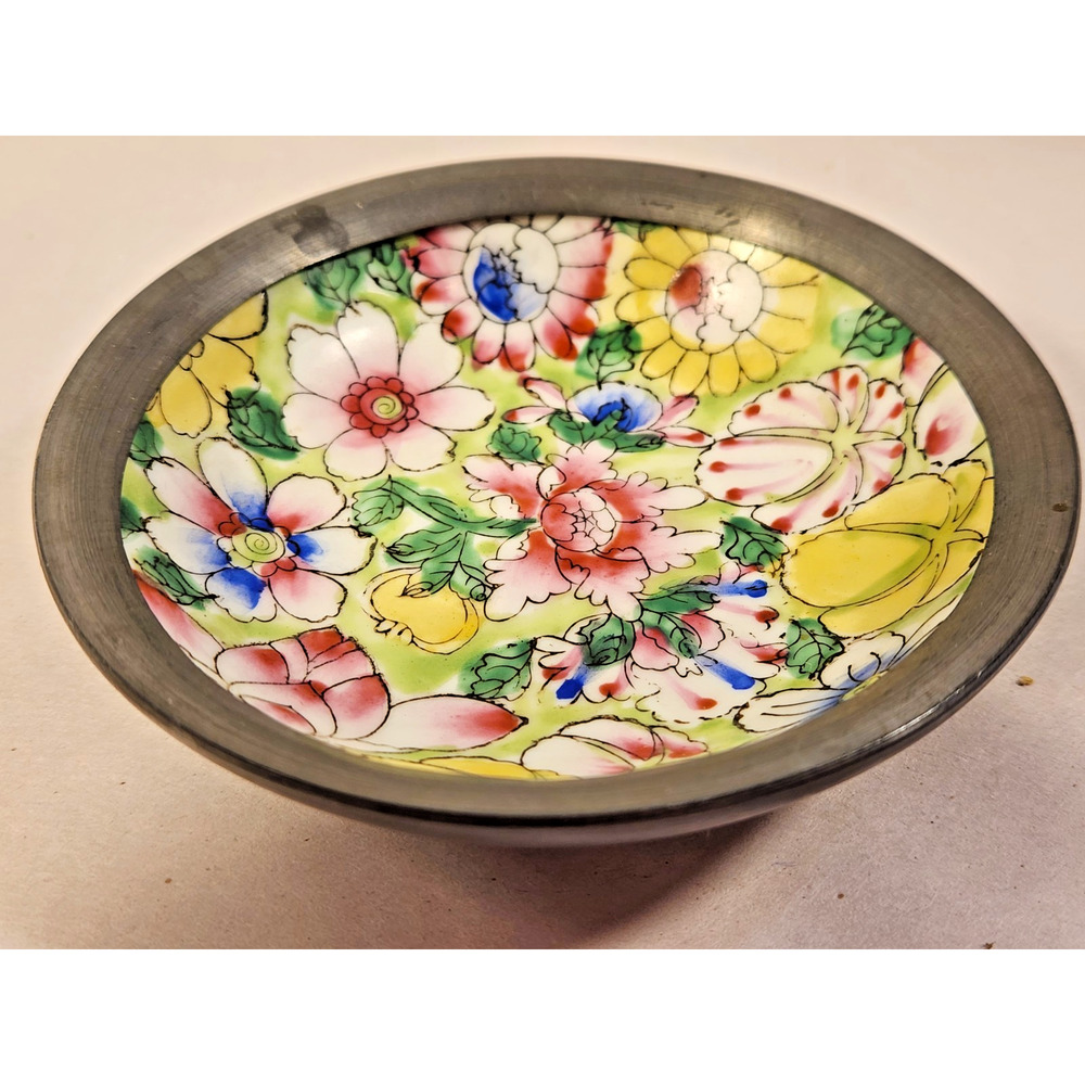Vintage Japanese Porcelain Ware Pewter Encased Trinket Dish/Bowl 4”